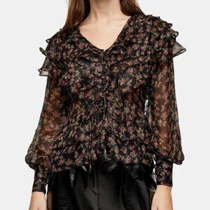 Topshop Boho Floral Print Ruffled Shimmer Long Sleeve Evening Blouse Top